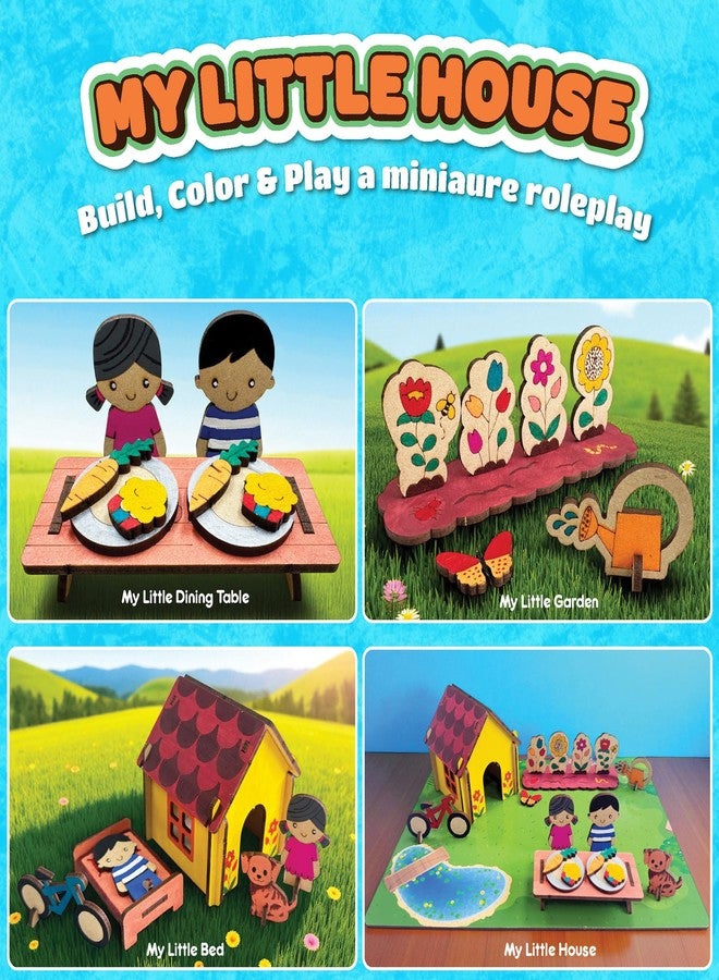 Funvention My Little House (Pack of 6) Birthday Return Gifts - DIY Dollhouse Roleplay & Coloring Craft Activity with Cottage, Picnic Table, Garden, Bed, Boy & Girl Characters & Pet for Boys & Girls - Image 3